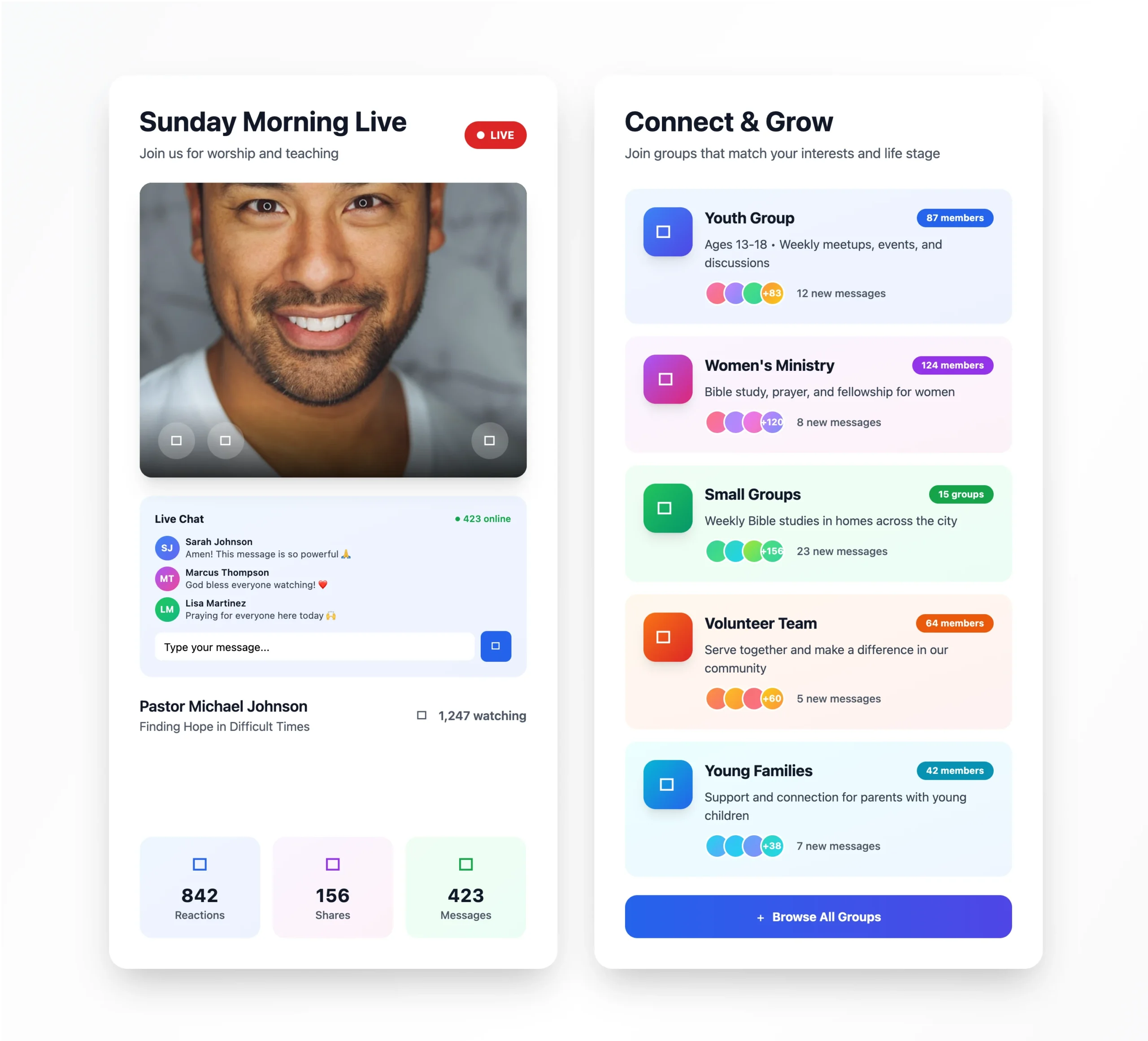 Church live streaming and messaging interface