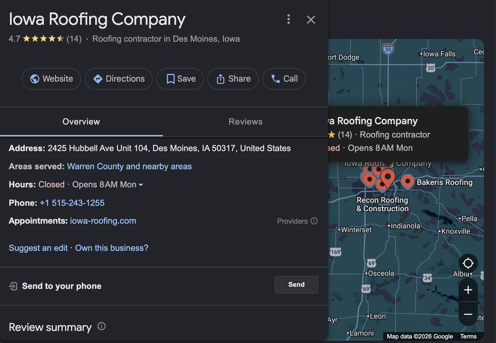 Example roofing company Google profile audit view