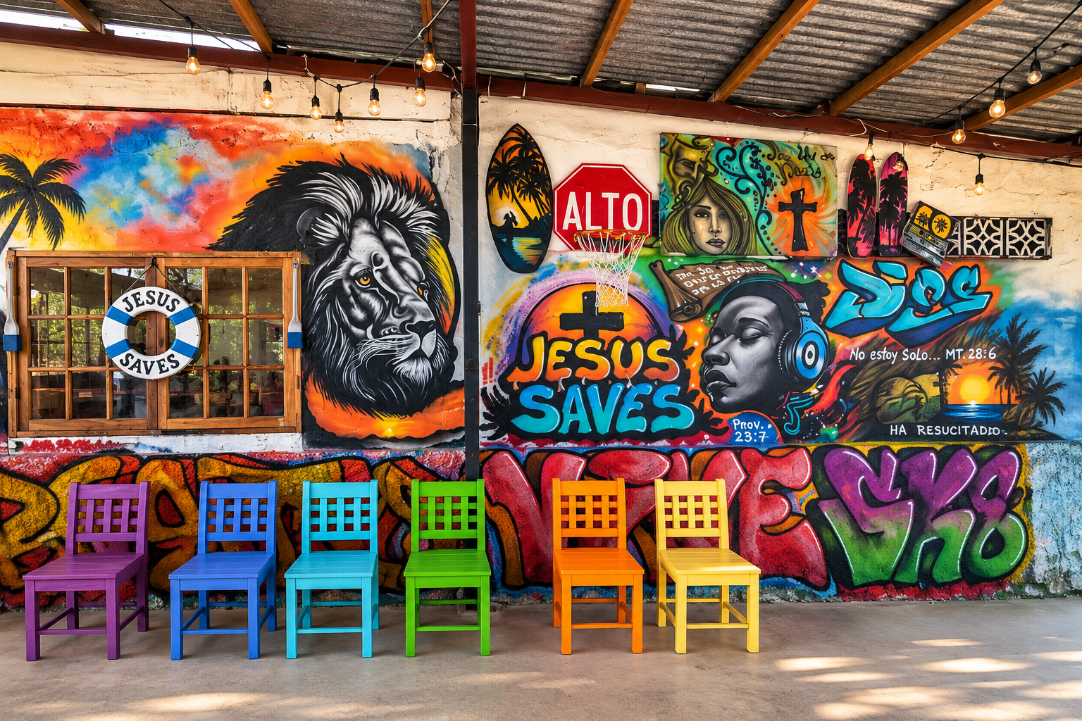 Youth ministry space with Jesus Saves mural