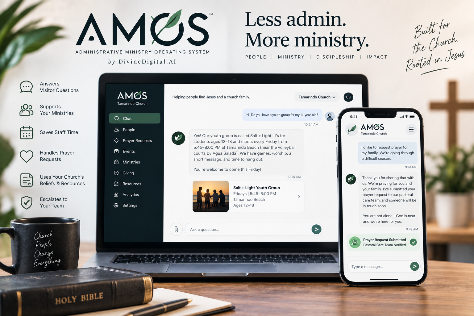 AMOS product interface on laptop and phone