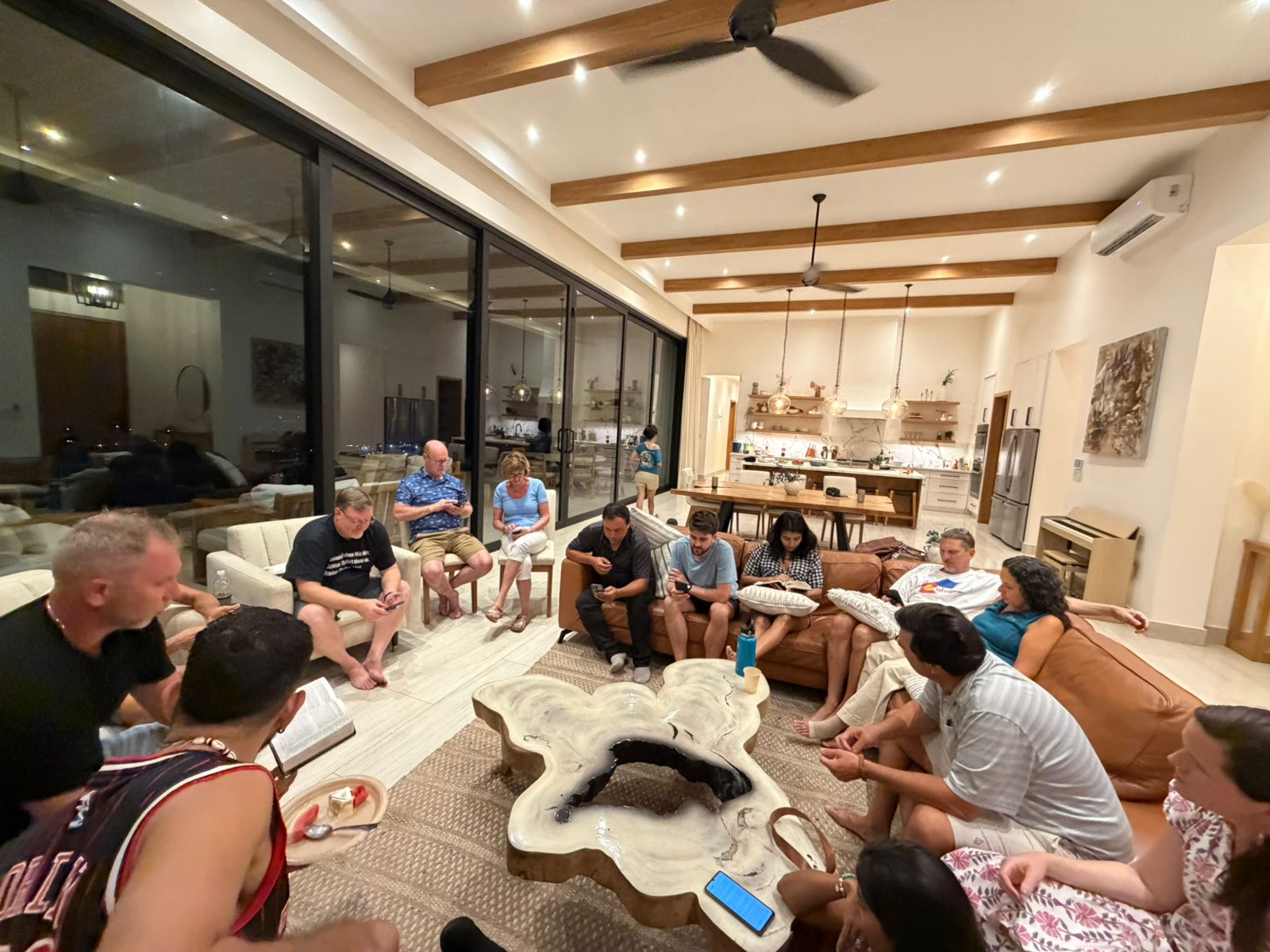 A small group gathered in a home